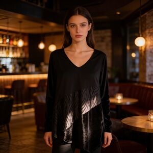 Ruti Black Asymmetrical Tunic Top – Textured & Velvet Panel Designer Minimalist